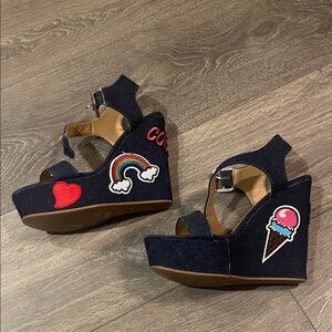 Denim Wedge Sandals with Fun Patches